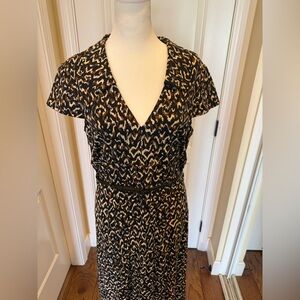 Tahari Black and Tan Printed V-Neck Midi Dress
